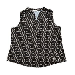 Joie de Vivre Blouse Plus 2X Sleeveless Black Split Neck Geometric Gold Foil Top